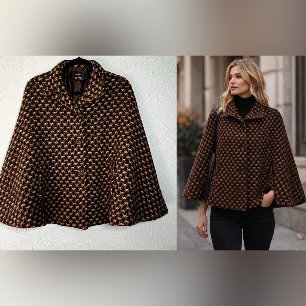 Zara Wool Cape Jacket |Textured Brown Black Teal Gold Statement Coat M - Picture 1 of 10